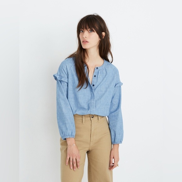 MADEWELL | Denim Collarless Ruffle-Sleeve Shirt | size 3X - Picture 1 of 11